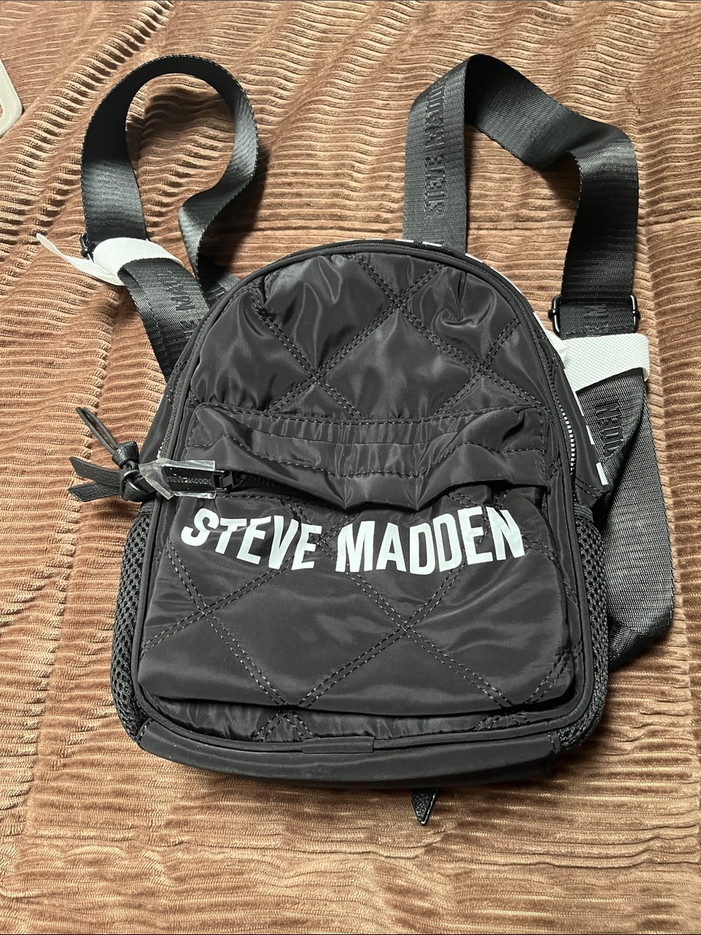 Steve Madden Black Quilted Mini Belt Bag with White Logo
